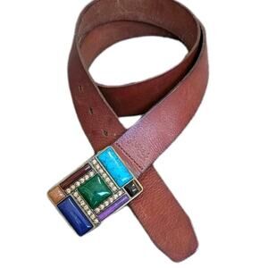 Fossil Brown Leather Belt Stone Buckle Faux Turquoise Rhinestone Boho Western M